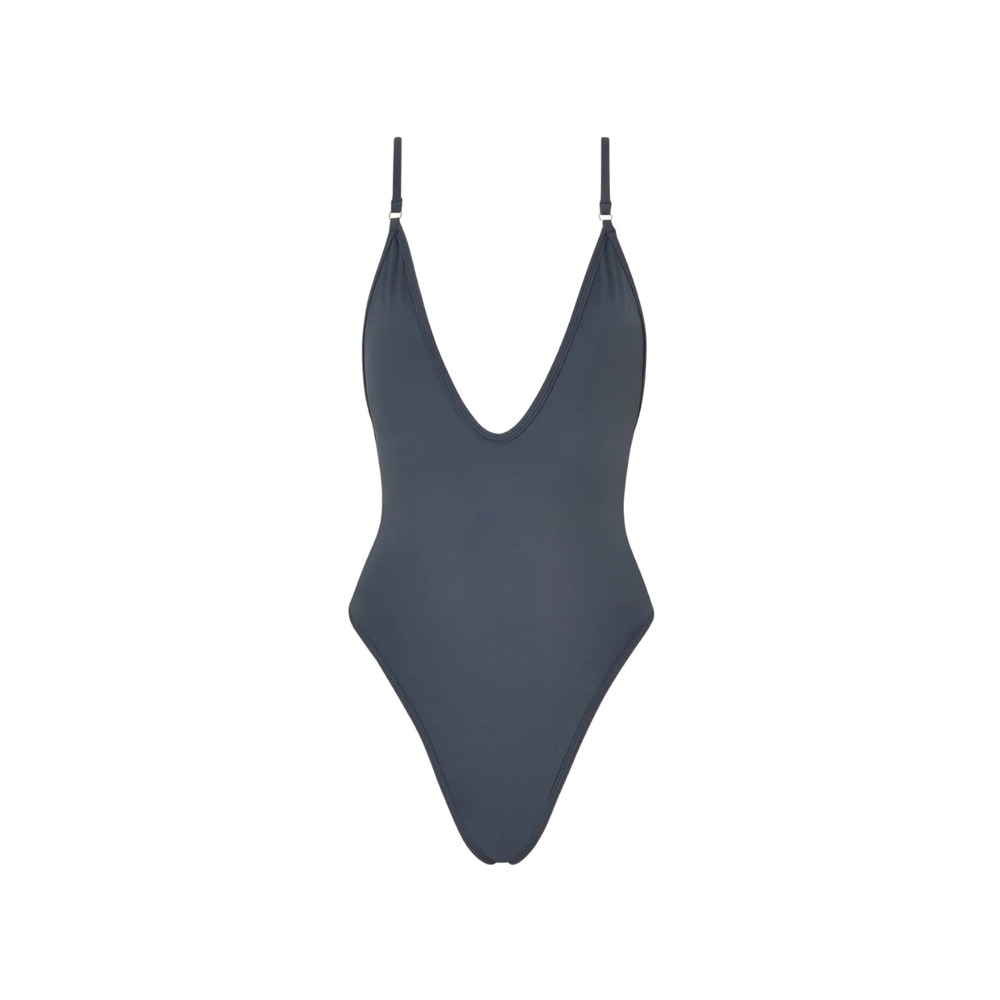 Gooseberry Seaside Storm Gray One Piece Swimsuit High Cut Deep V-Neck EUC $110 S